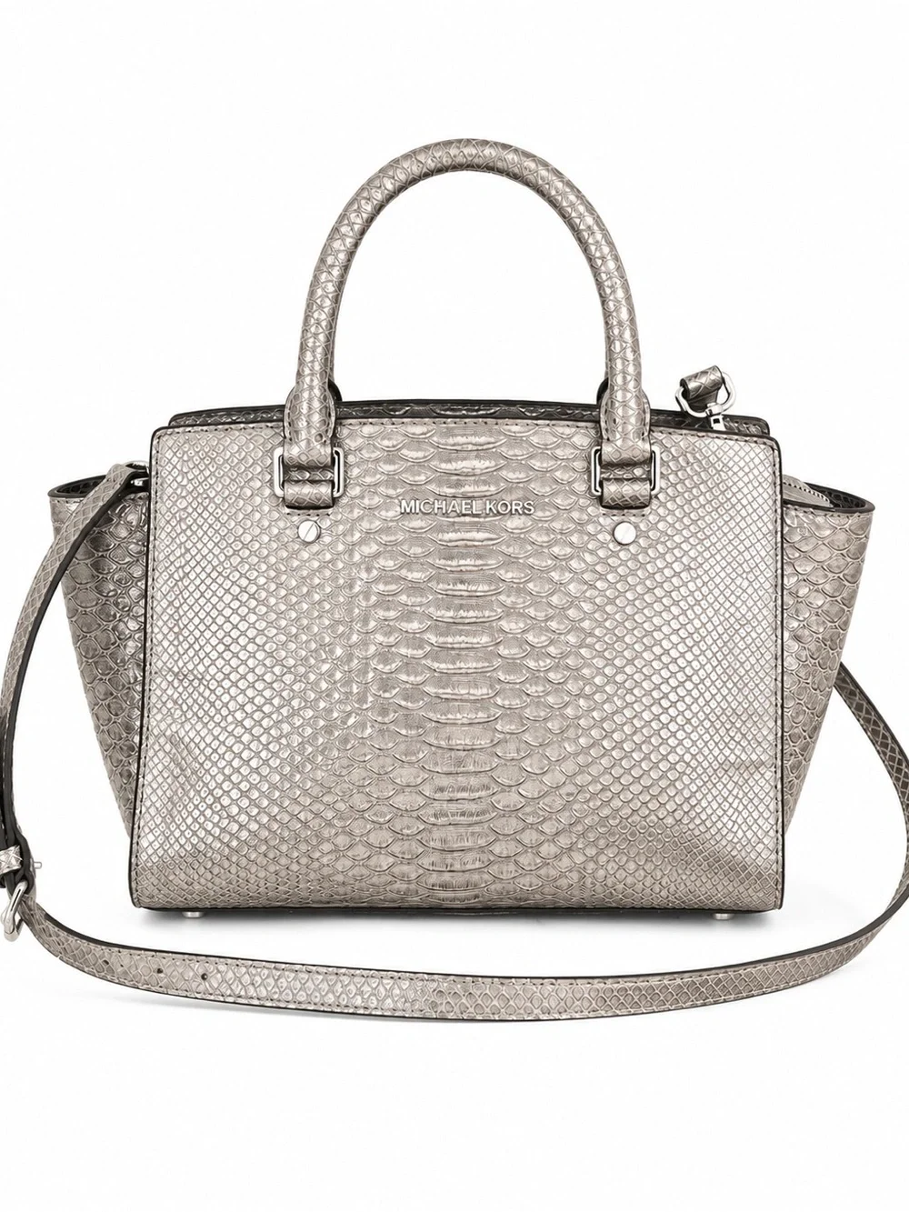 Michael Kors Metallic Silver Snake Print Satchel Crossbody Shoulder Bag
